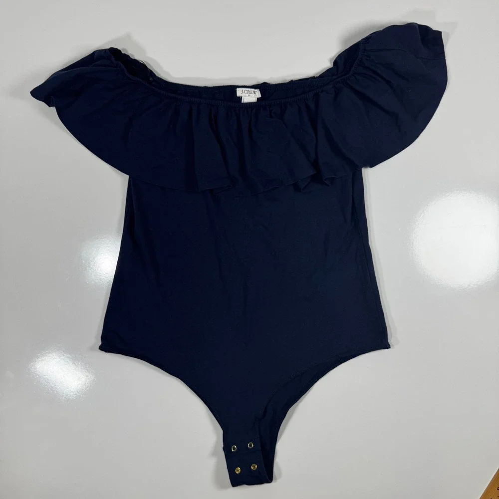 J. Crew Ruffle Off Shoulder‎ Bodysuit Navy Blue Stretch Cotton Blend Large